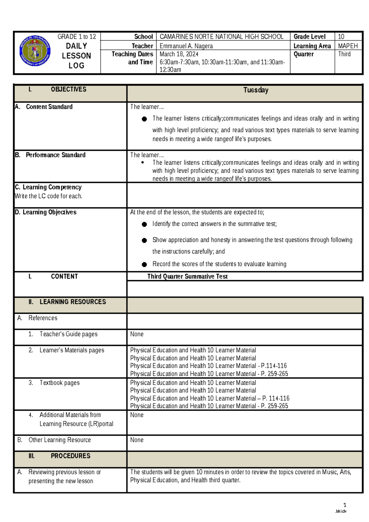 DLL- Summative - Fs2 - GRADE 1 to 12 DAILY LESSON LOG School CAMARINES ...