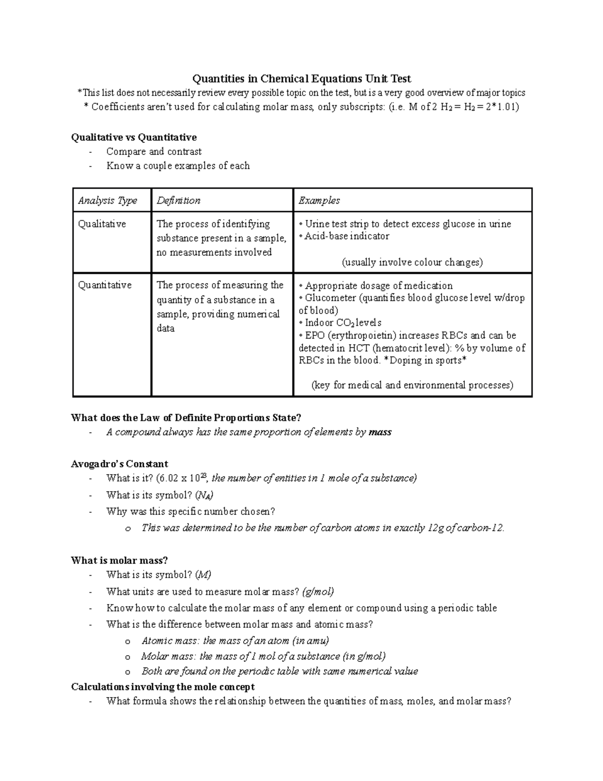 Chem Test 3 Review Quantities In Chemical Equations Quantities In Chemical Equations Unit Test 