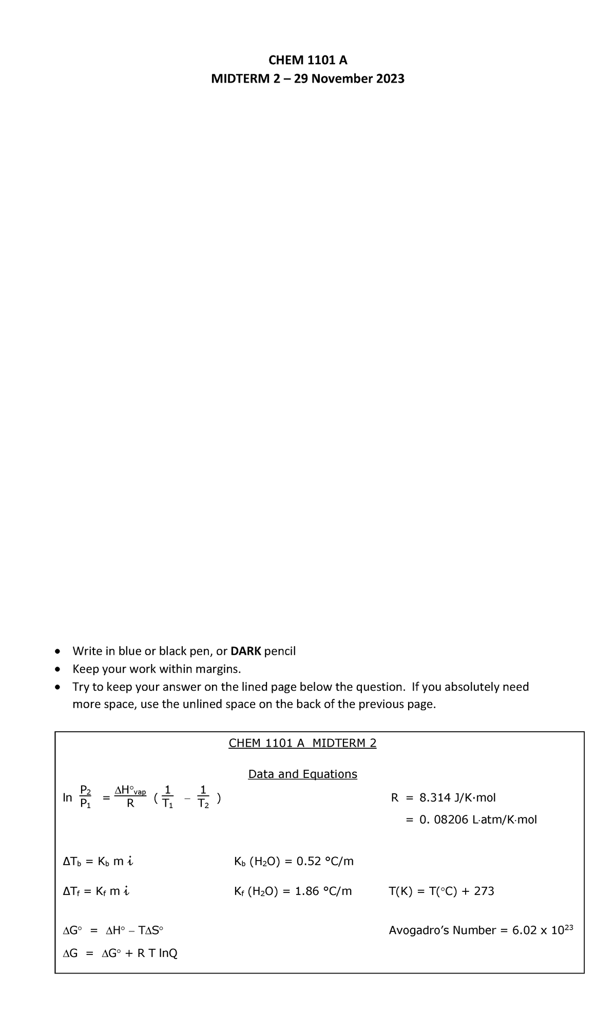 Sample Midterm 2 (From fall 2023) with answers - CHEM 1101 A MIDTERM 2 ...