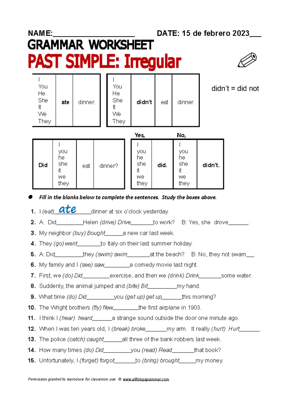 Past Simple Worksheet Act - NAME: DATE: 15 de febrero 2023 GRAMMAR ...