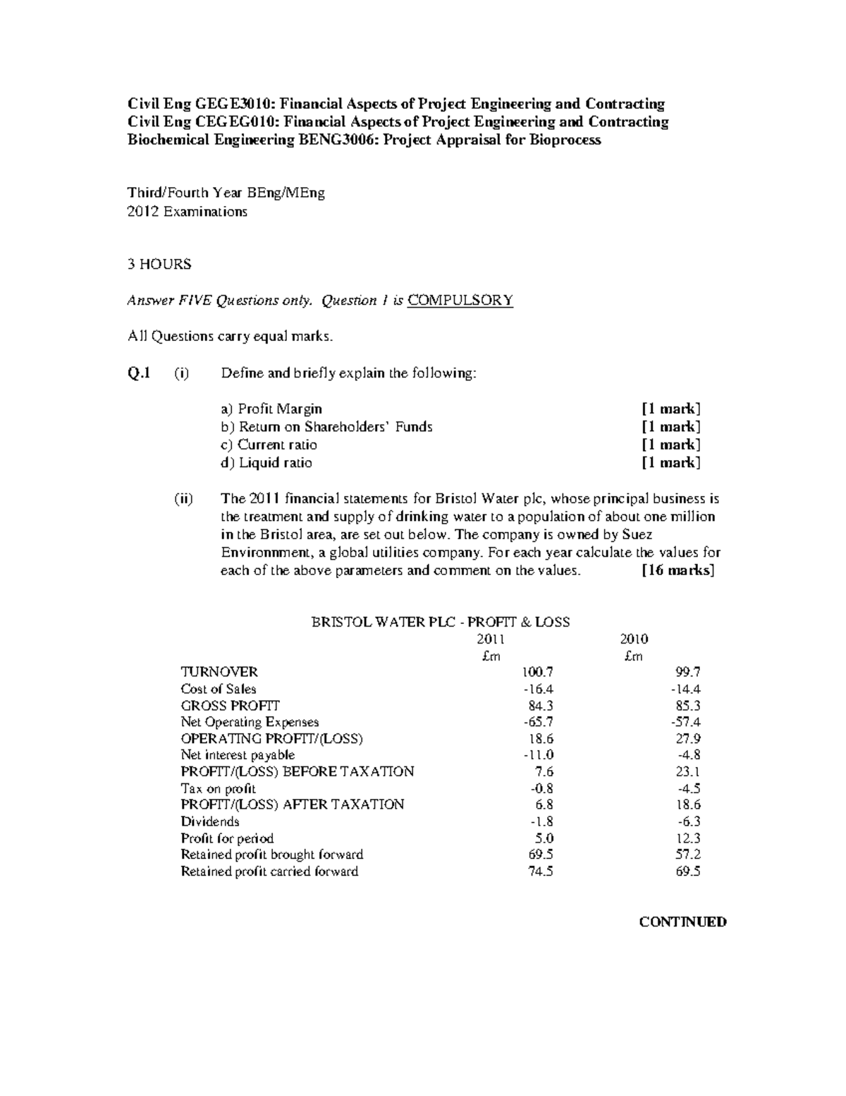Exam 2012, questions and answers - Civil Eng GEGE3010: Financial ...