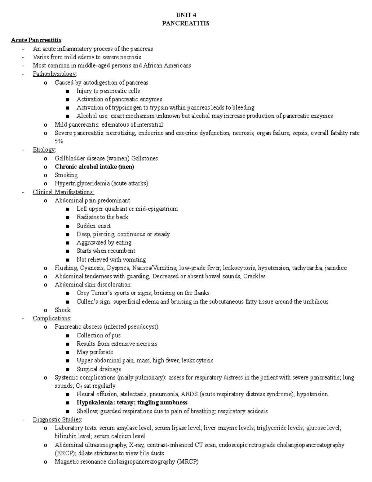 Pancreatitis - Lewis' Medical Surgical Nursing notes - UNIT 4 ...