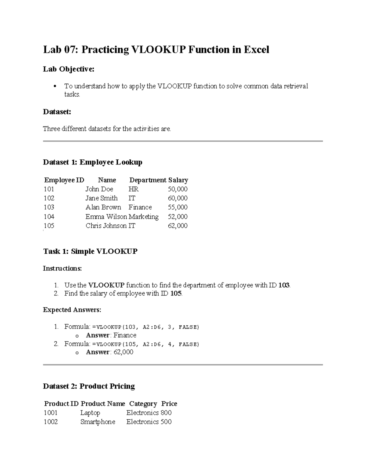 Lab 7 Vlook up Excel Notes Lab 07 Practicing VLOOKUP Function in