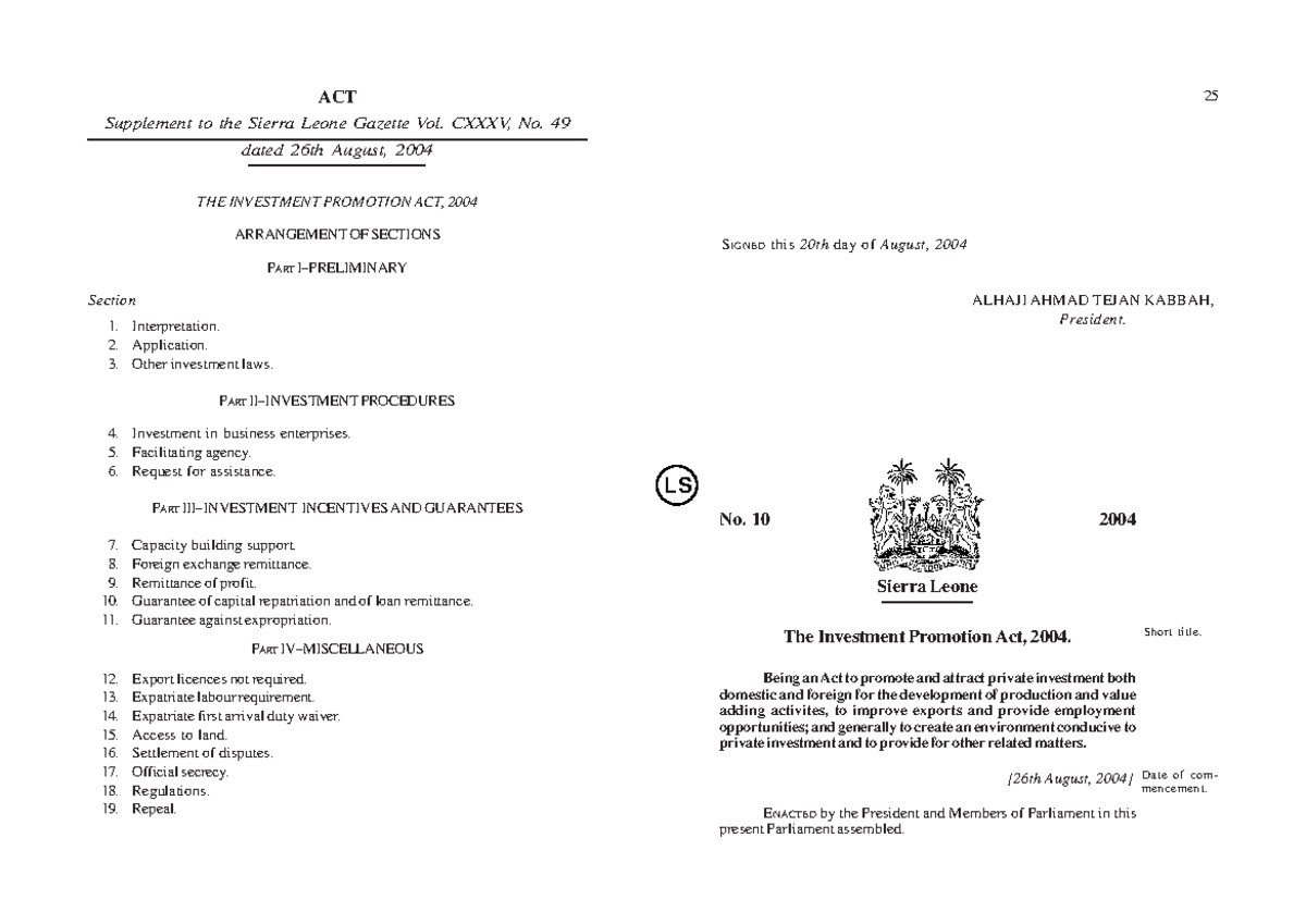 The Investment Promotion Act 2004 THE INVESTMENT PROMOTION ACT, 2004