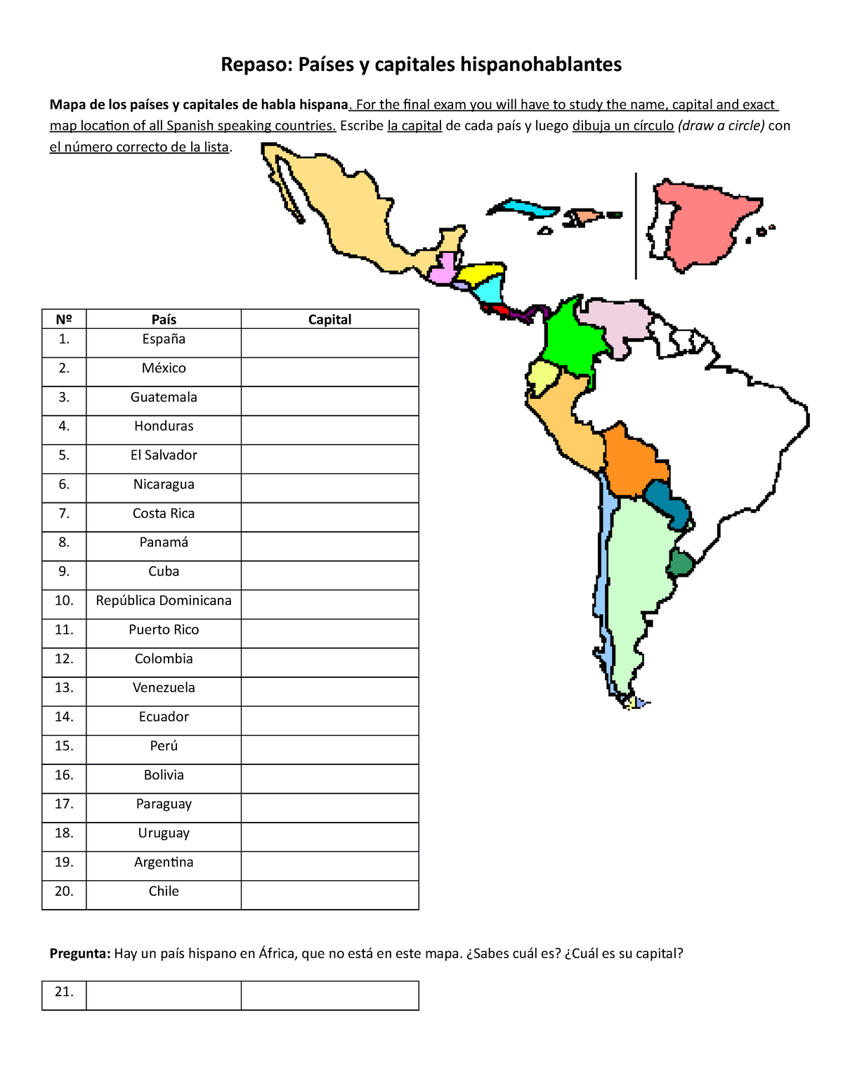 Spanish 2 Lecture Repaso Países Y Capitales Hispanohablantes Mapa