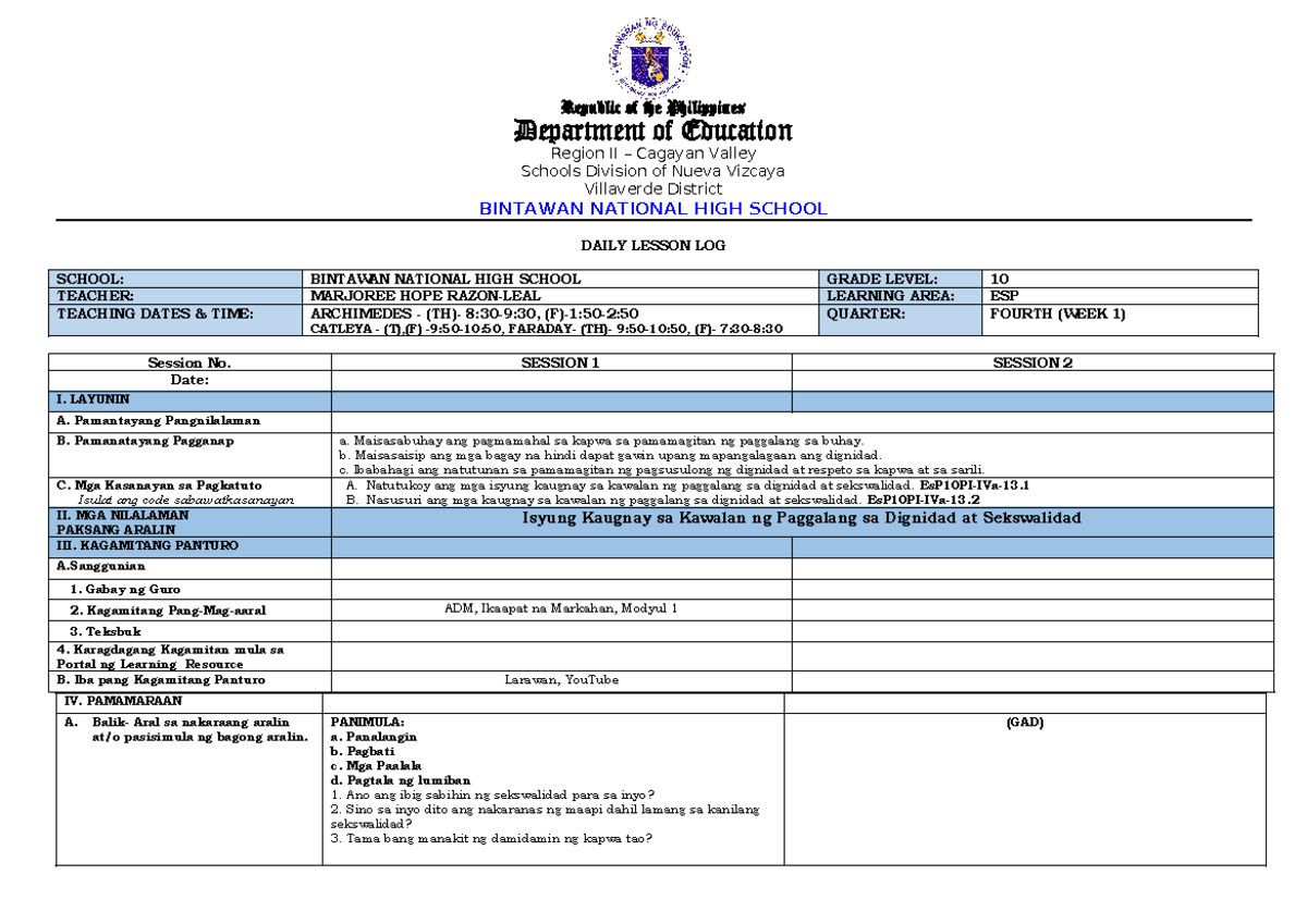 DLL-ESP-10-Q4-W1 - Copy - Republic of the Philippines Department of ...