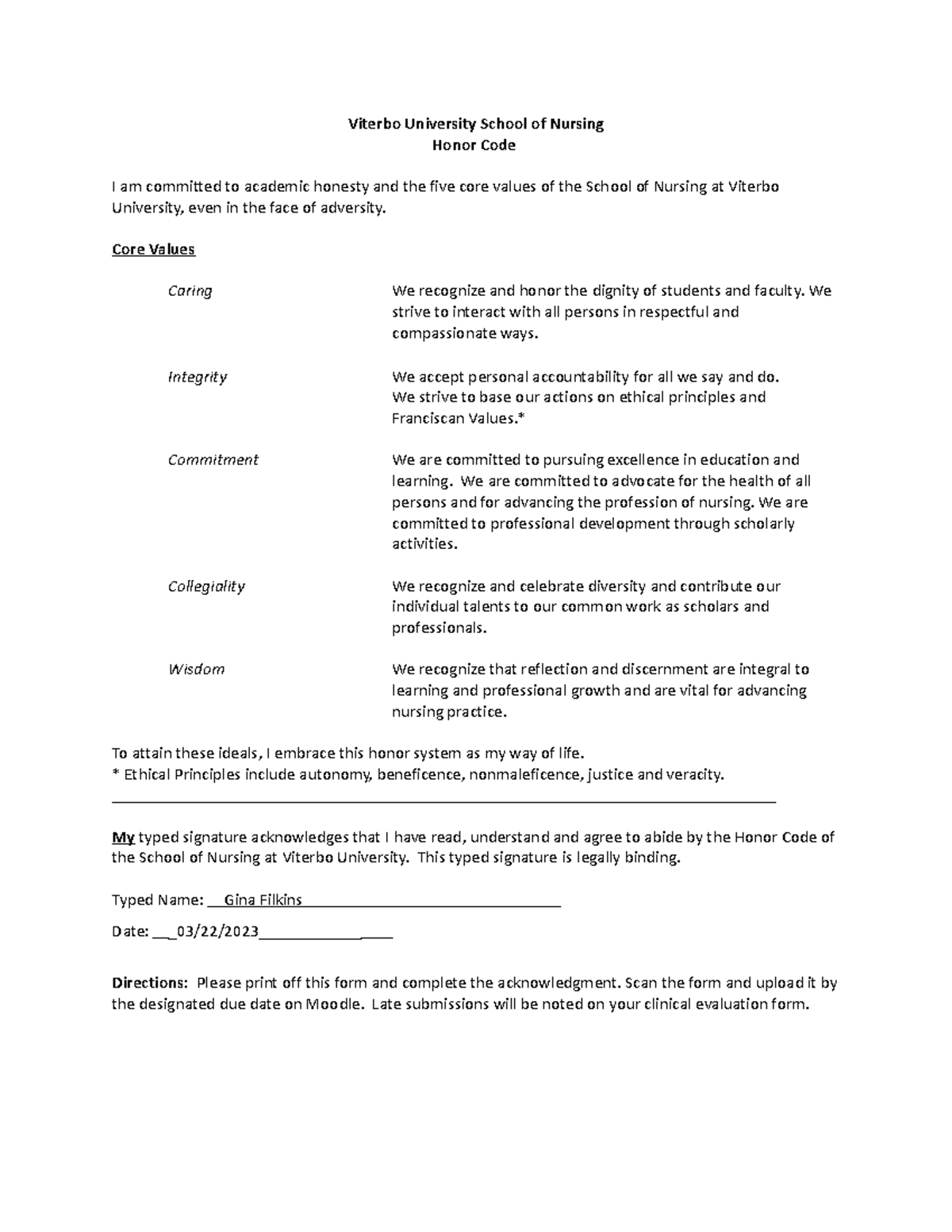 Honor Code document E sig Viterbo University School of Nursing Honor