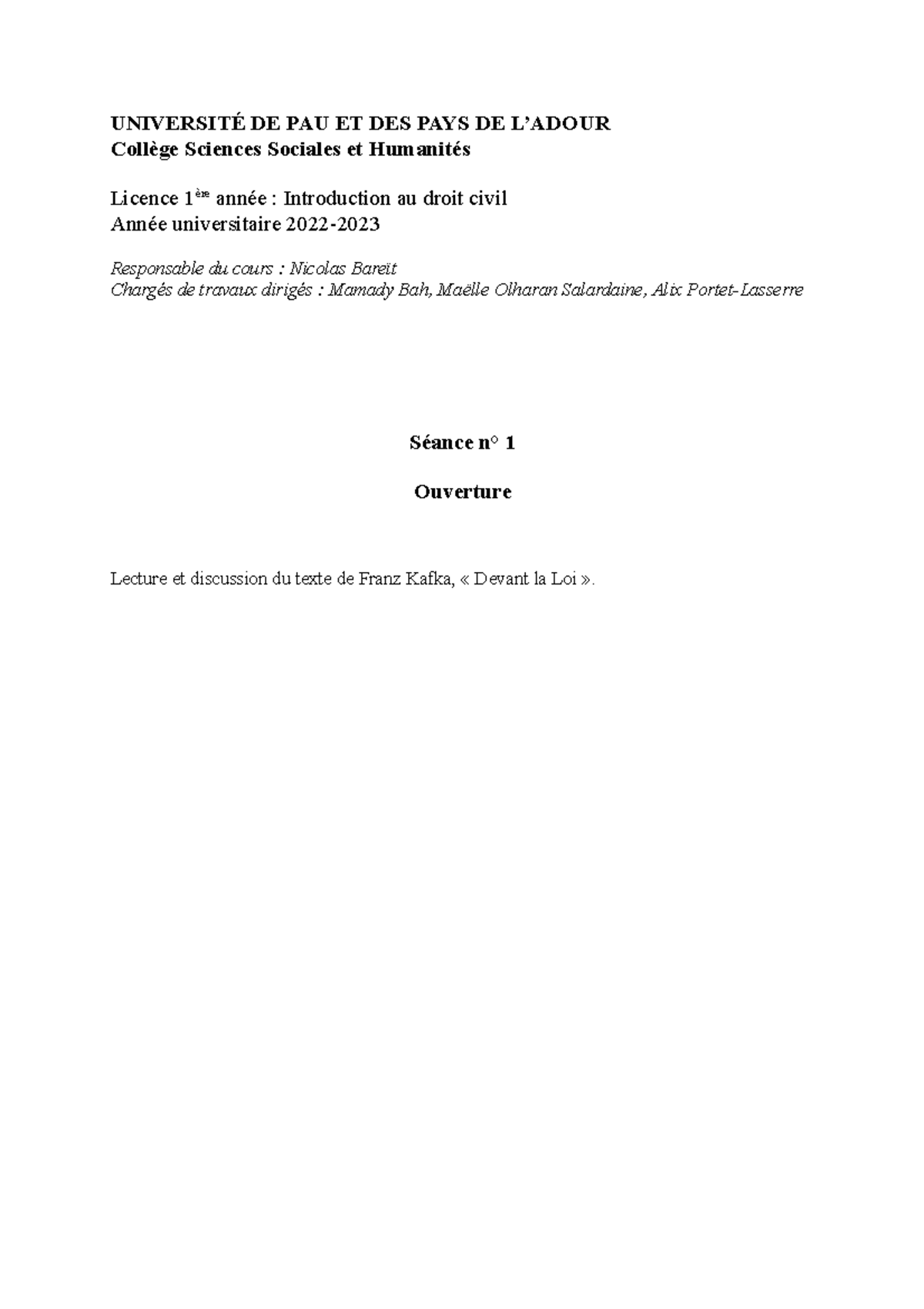 Introduction au droit civil - TD 1 - UNIVERSITÉ DE PAU ET DES PAYS DE L ...