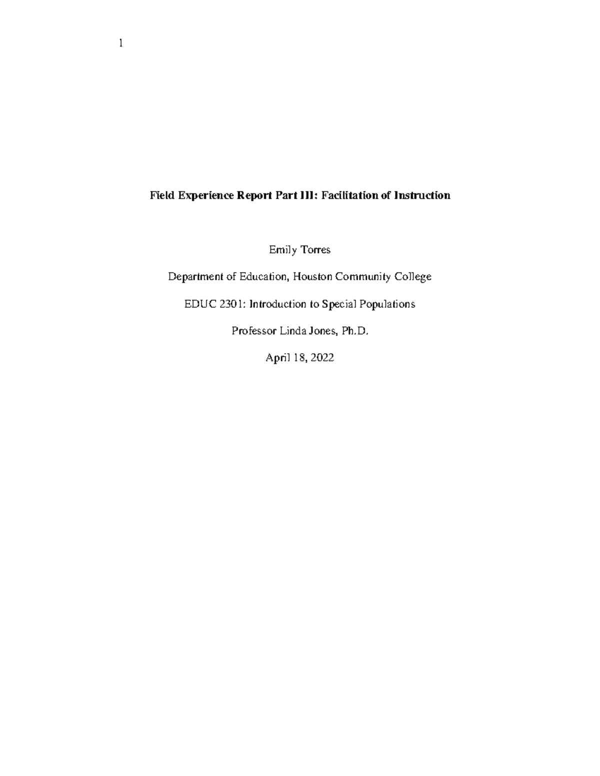 Field Experience Report III Facilitation of Instruction - Field ...