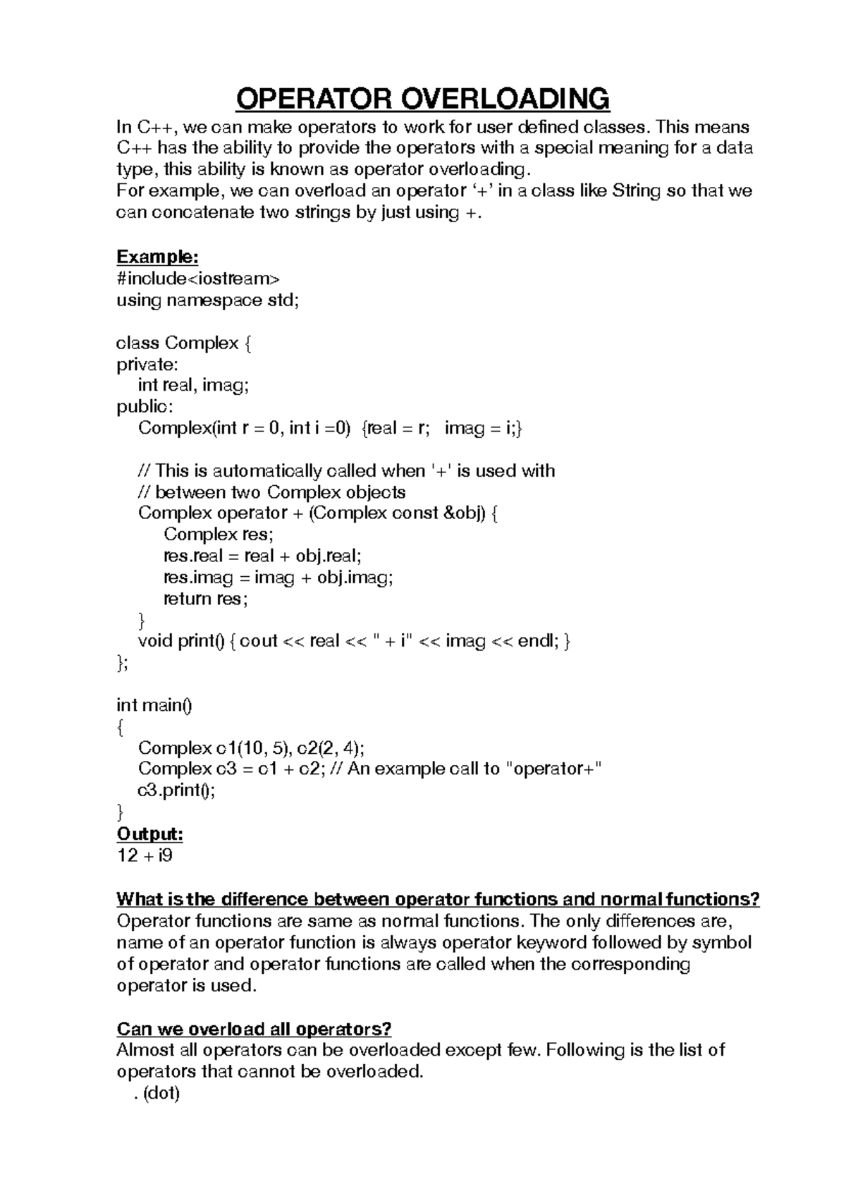 Unit-5.2 notes-FIN - OPERATOR OVERLOADING In C++, we can make operators ...