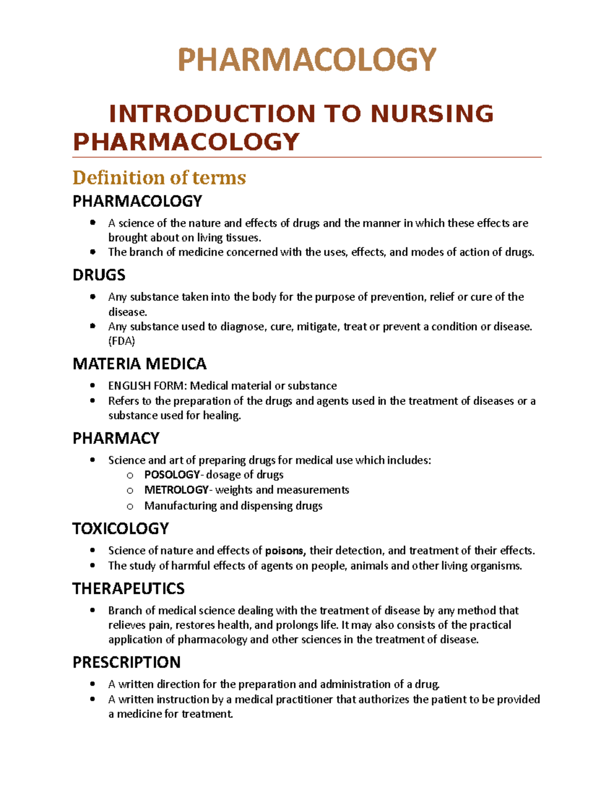 Pharmacology Reviewer INTRODUCTION TO NURSING PHARMACOLOGY