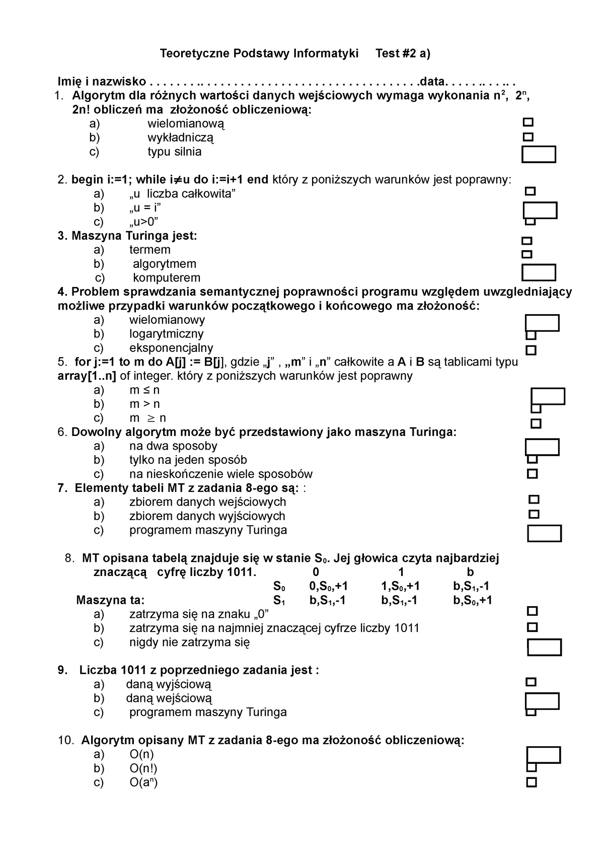 Przykładowy Test 2 Przykładowy Test Na Zaliczenie Przedmiotu Do Rozwiązania Teoretyczne 0891