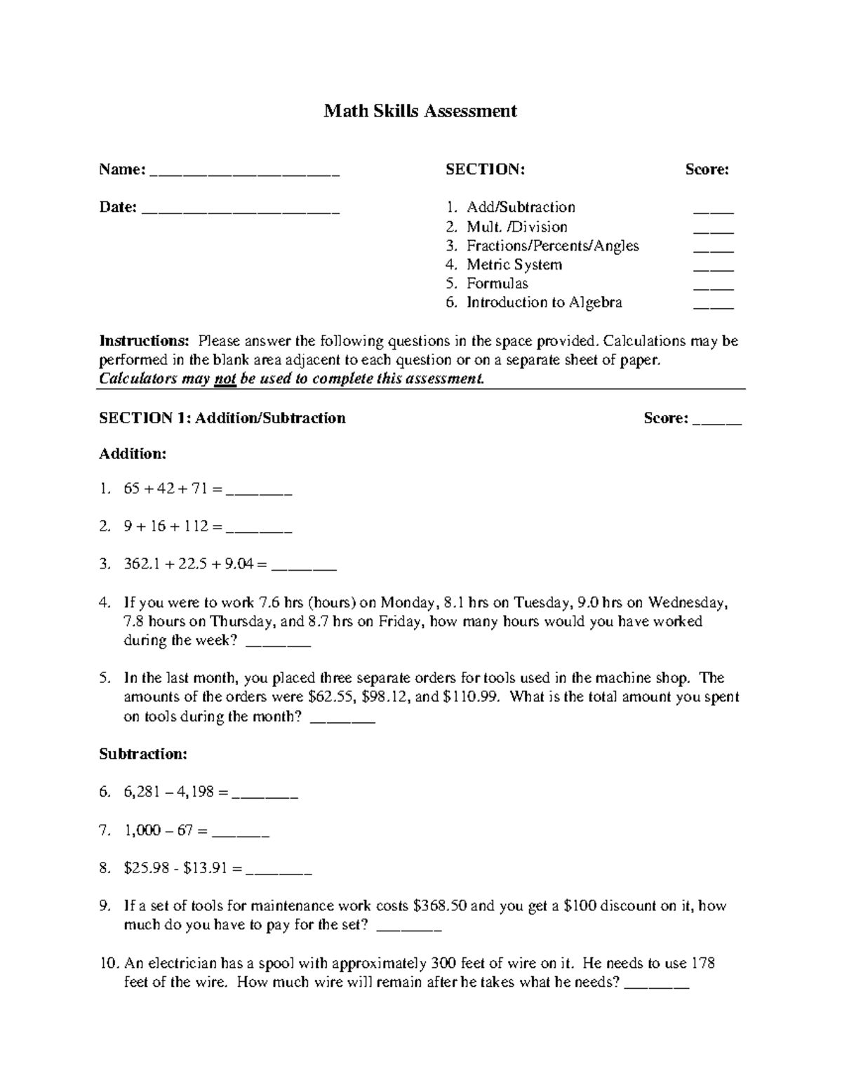 Math-Skills-Assessment - Math Skills Assessment Name ...