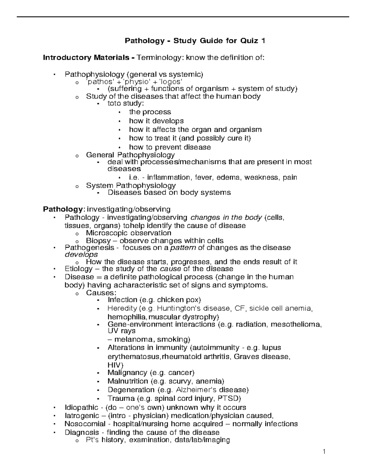 Pathology - Study Guide for Quiz 1 - inflammation, fever, edema ...