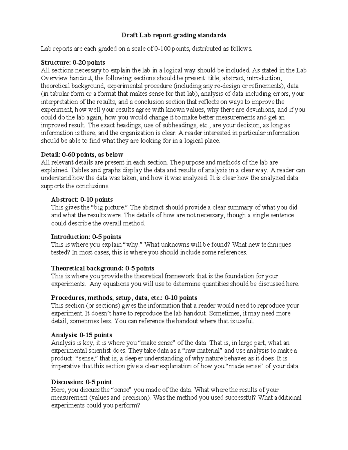 Lab report grading standards - Structure: 0-20 points All sections ...