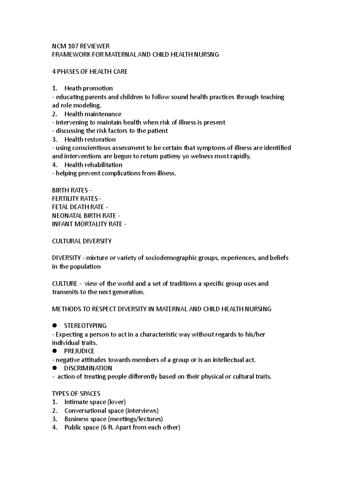 NCM 107 A reviewer - NCM 107 REVIEWER FRAMEWORK FOR MATERNAL AND CHILD ...