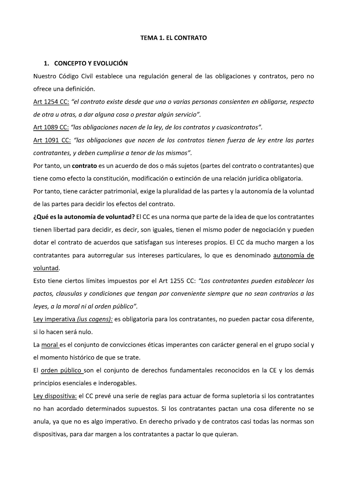 TEMA 1 Contratos - Apuntes 1 - TEMA 1. EL CONTRATO 1. CONCEPTO Y ...