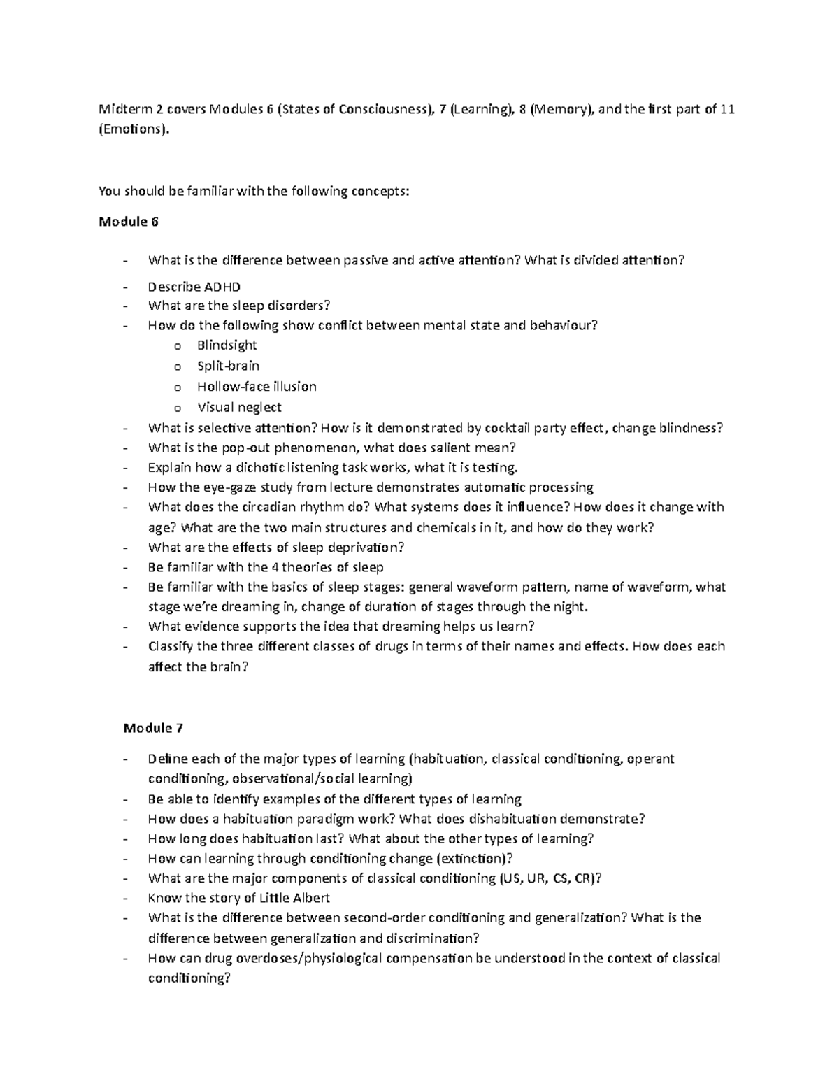 M2 topics - notes - Midterm 2 covers Modules 6 (States of Consciousness ...