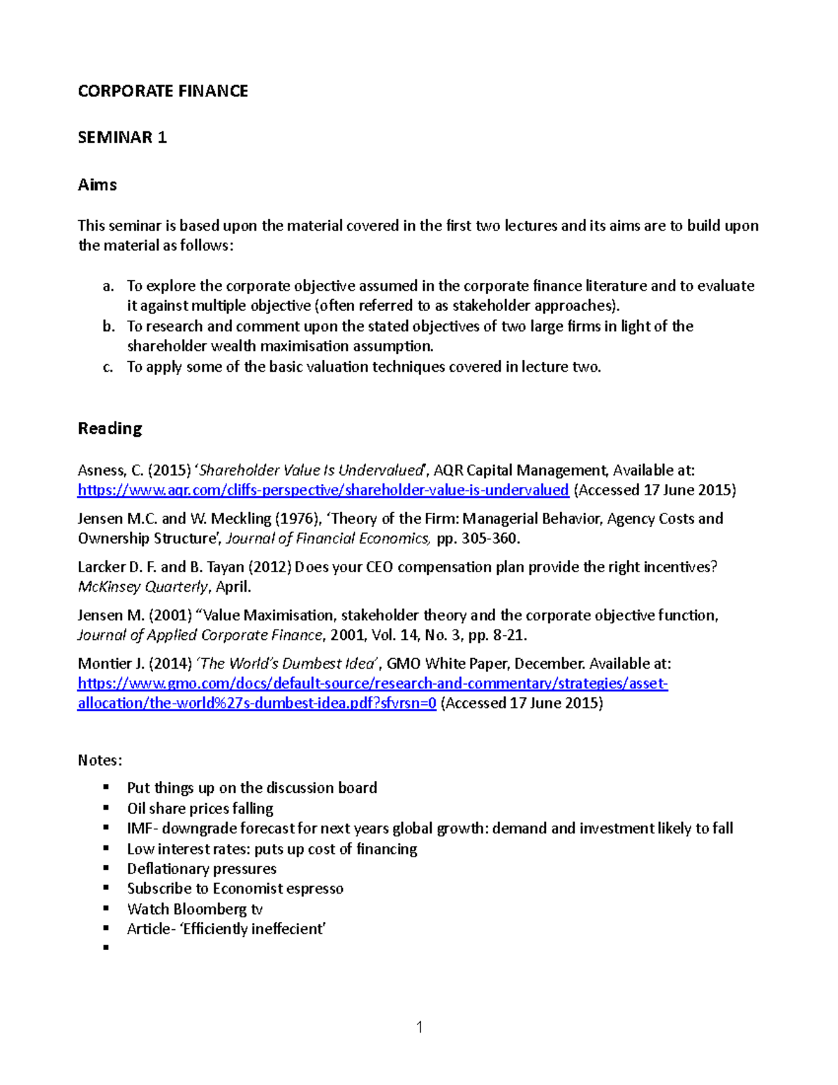 Corporate Fin-seminar 1 - CORPORATE FINANCE SEMINAR 1 Aims This Seminar ...