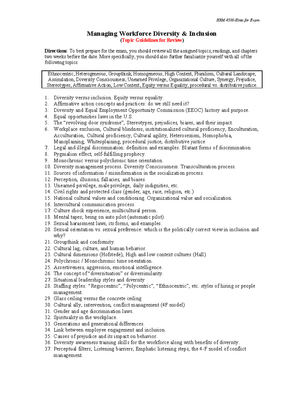 Final Exam Study Guide - HRM 4300-Hints For Exam Managing Workforce ...