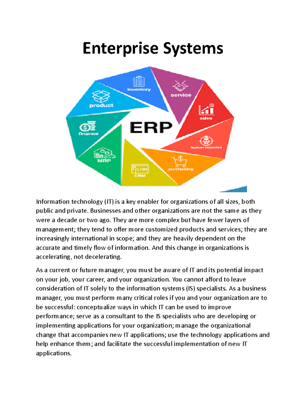 Enterprise Systems - Enterprise Systems Information technology (IT) is ...