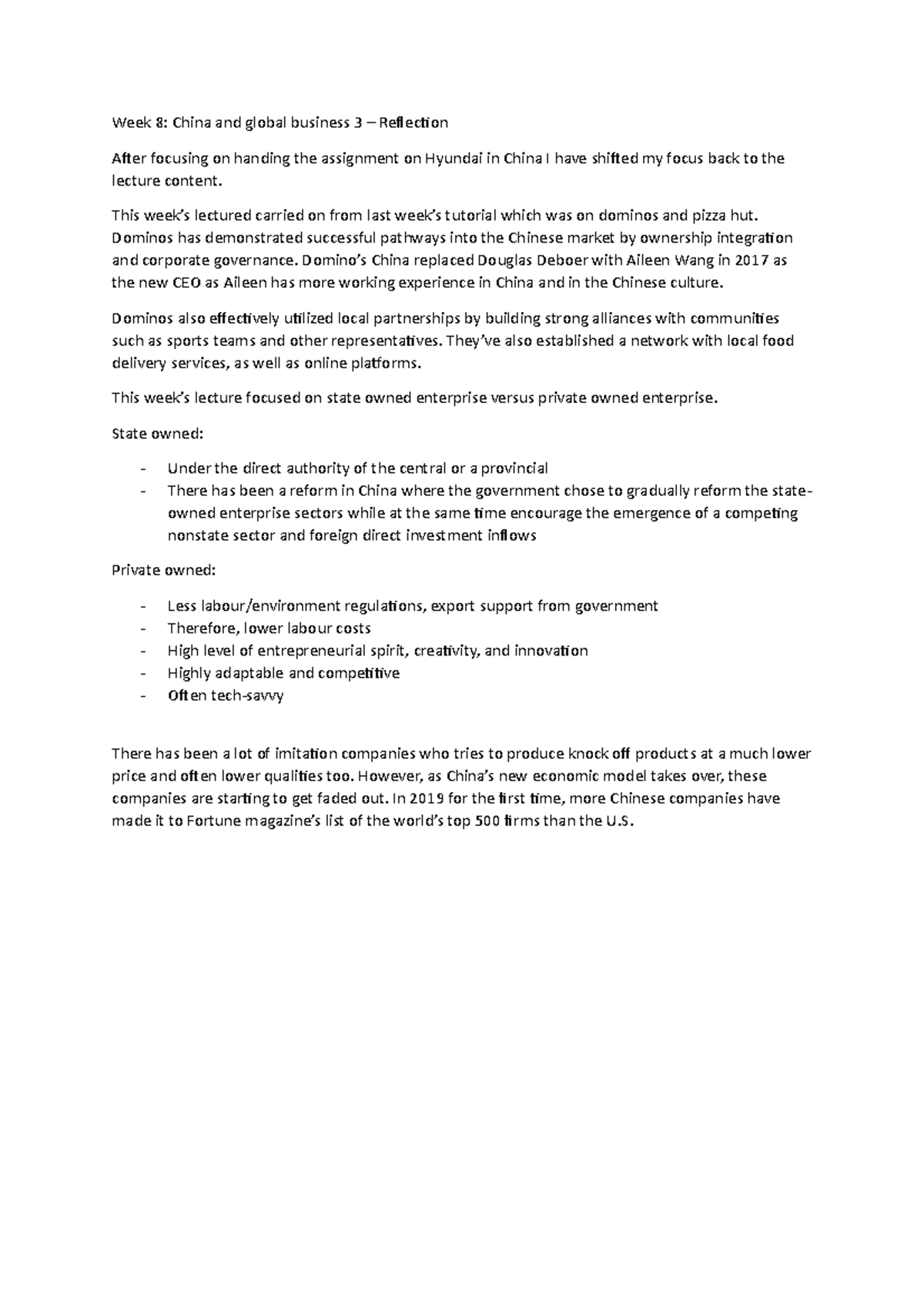 Week 8 reflection - Week 8: China and global business 3 – Reflection ...