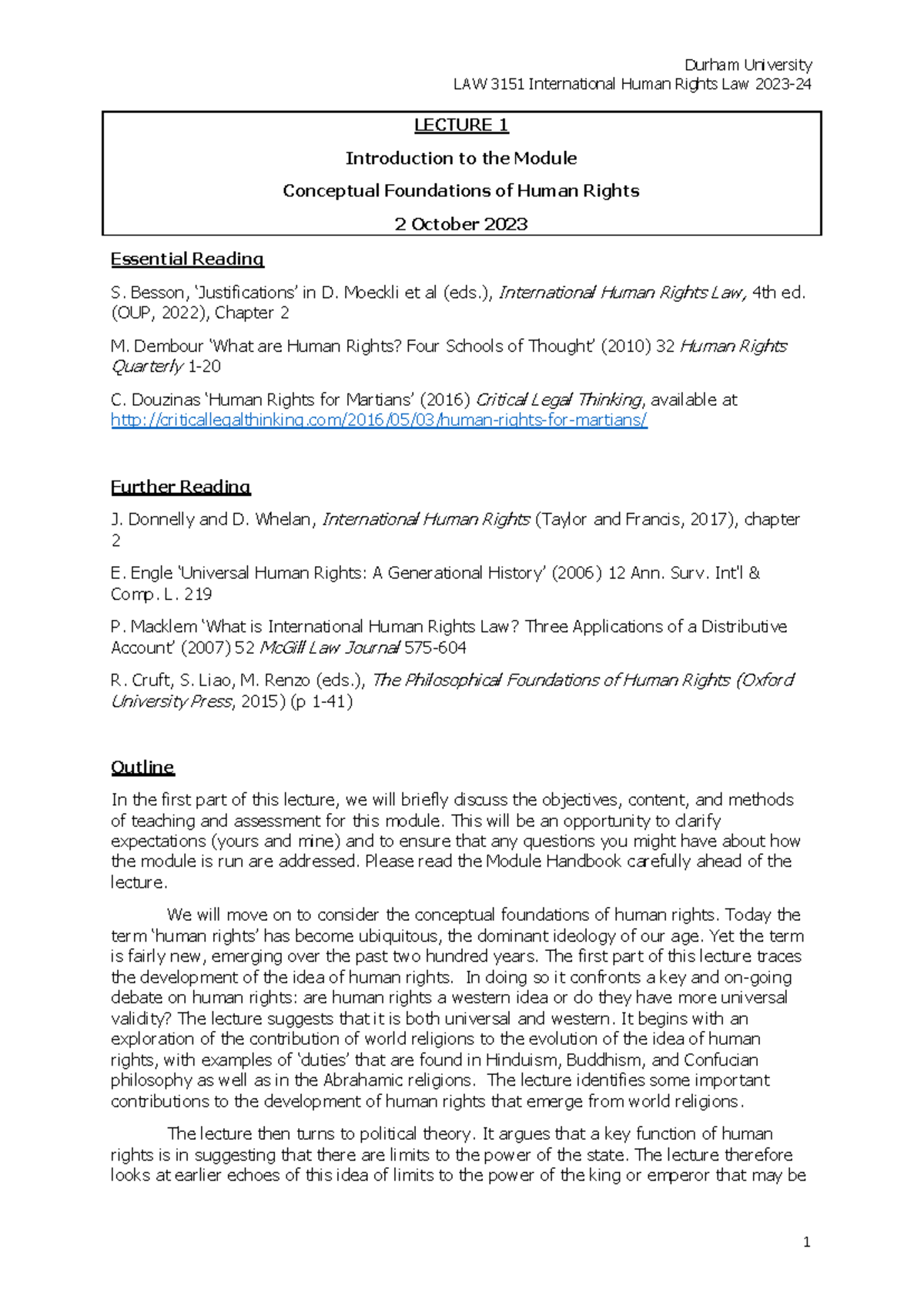 Lecture 1st term - LAW 3151 International Human Rights Law 2023 - 24 ...