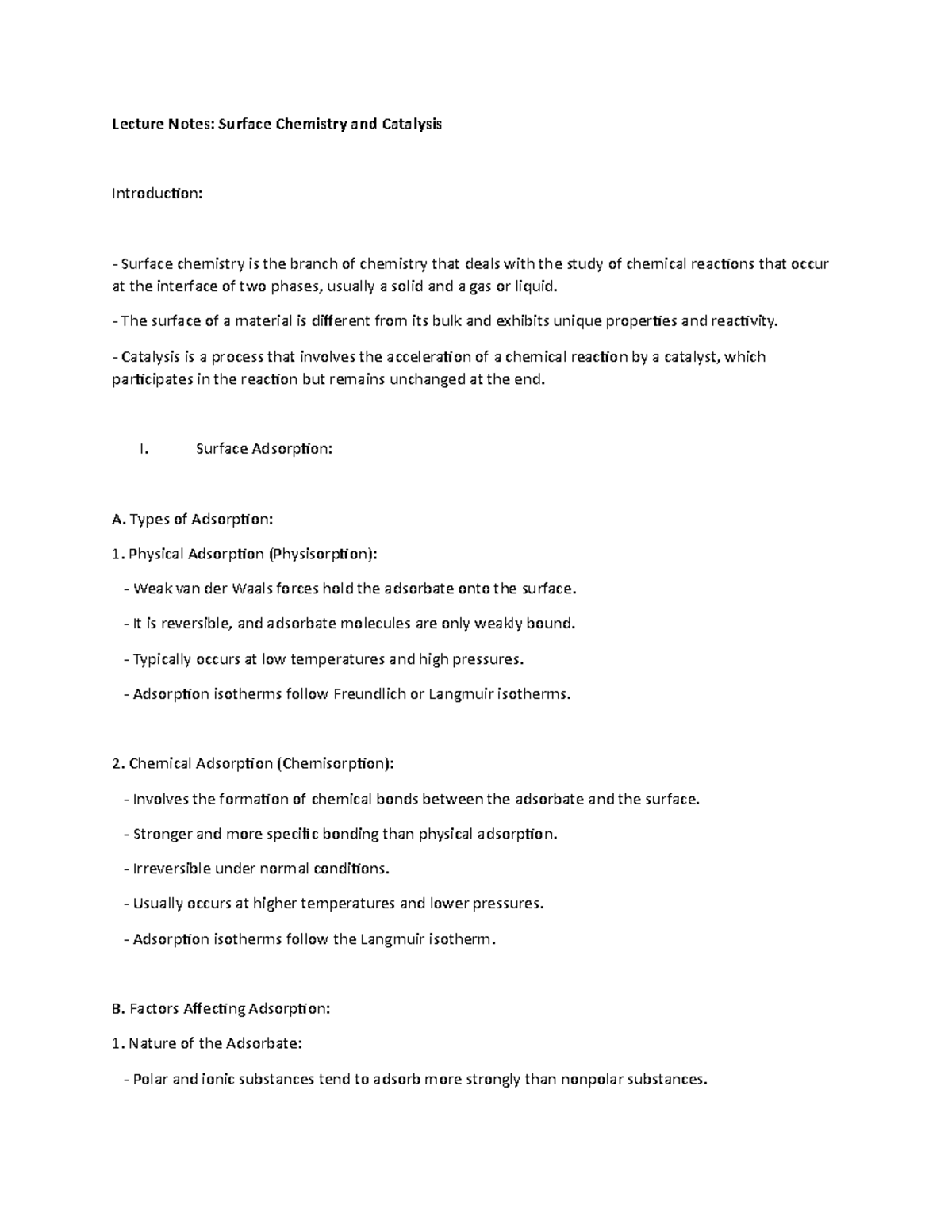 Lecture Notes Surface Chemistry and Catalysis Lecture Notes Surface
