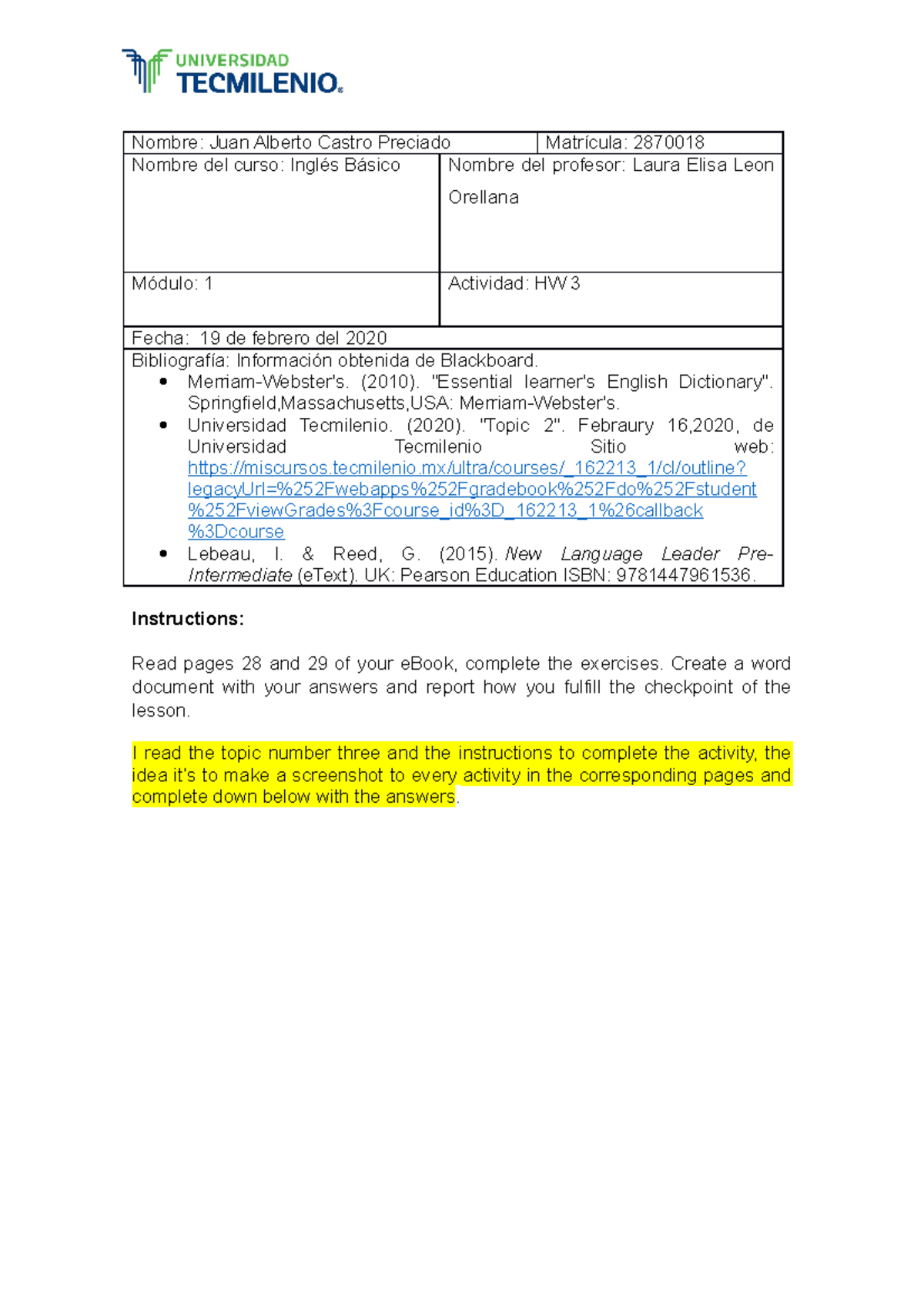 HomeWork 3 Ingles Basico - Nombre: Juan Alberto Castro Preciado ...