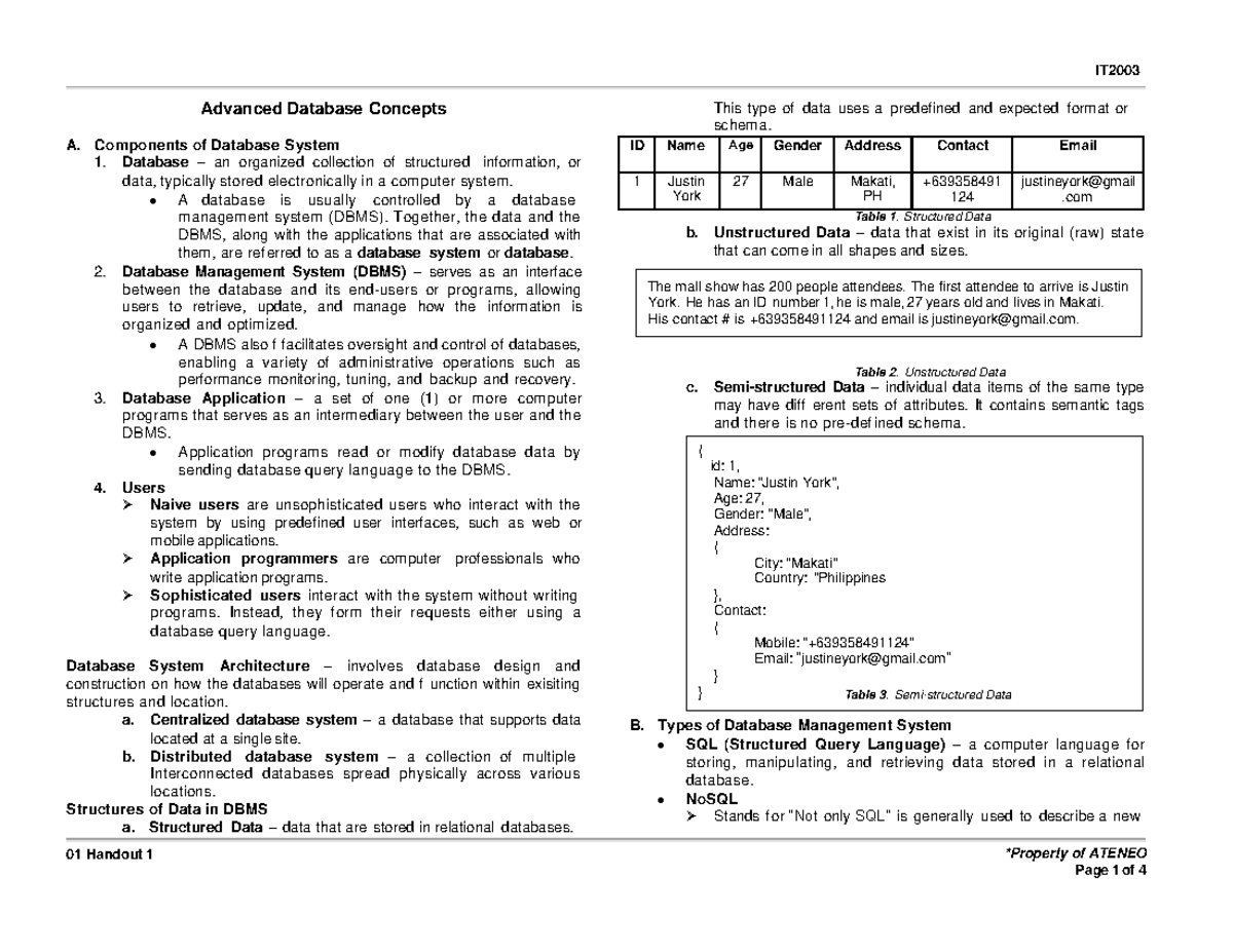 Advanced Database Concept - 01 Handout 1 *Property of ATENEO Advanced ...