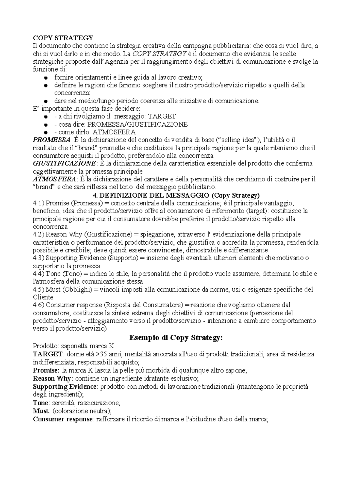 Appunti copy strategy sintesi esempio - COPY STRATEGY Il documento che ...