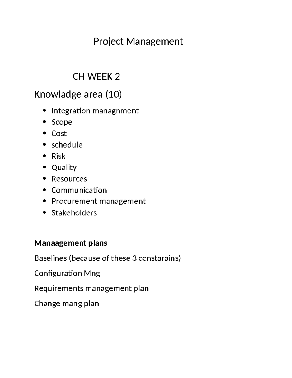 Project Management week 2 notes - Project Management CH WEEK 2 ...
