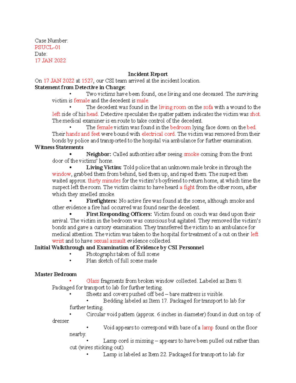 Case Notes Incident Report Case Number PSUCL Date 17 JAN 2022