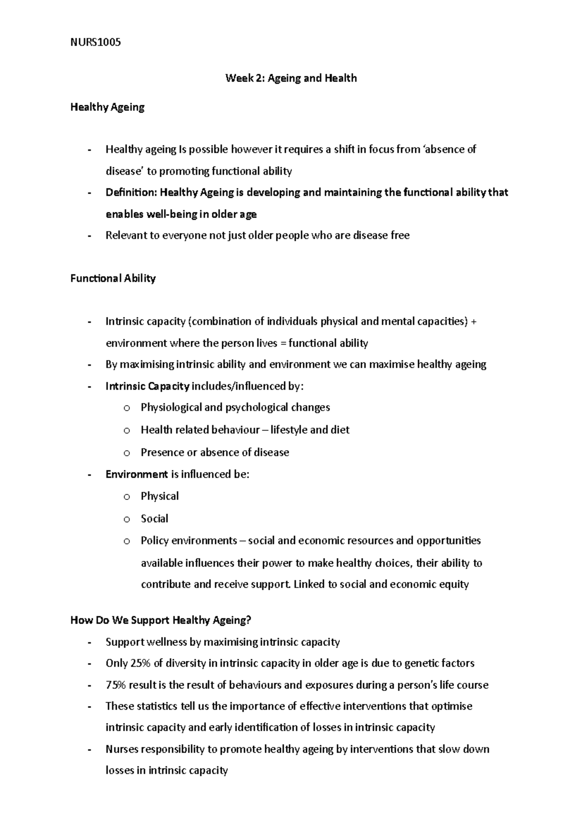 NURS1005 Week 2: Ageing and Health - Studocu