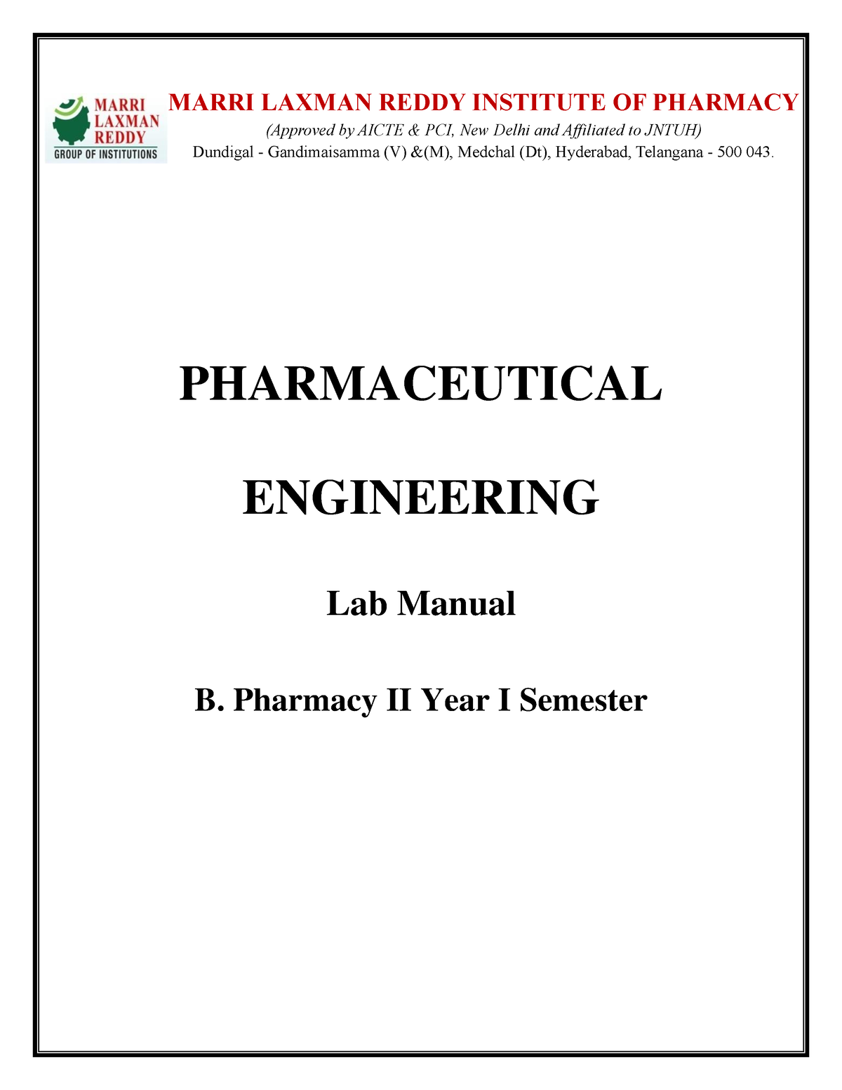 Pharmaceutical Engineering LAB Manual - PHARMACEUTICAL ENGINEERING Lab ...