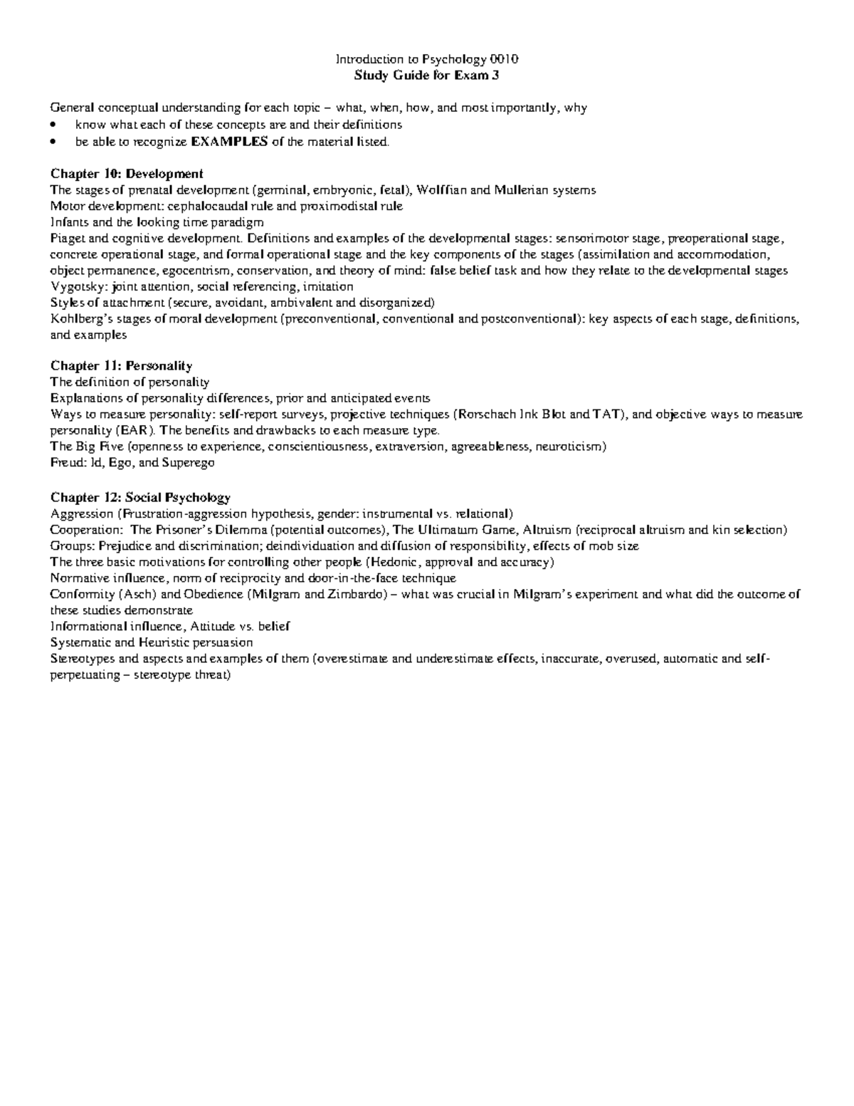 Study Guide Exam 3 Spring 2023 - Introduction to Psychology 0010 Study ...