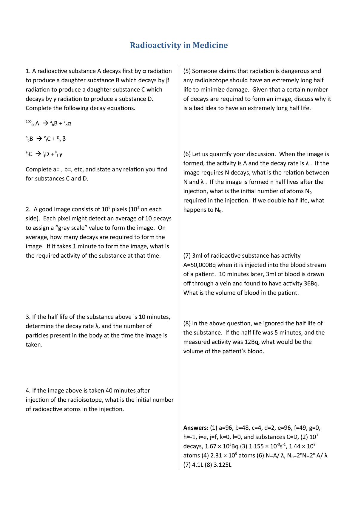 Sample Practice Exam Questions Radioactivity In Medicine Radioactive Substance Studocu