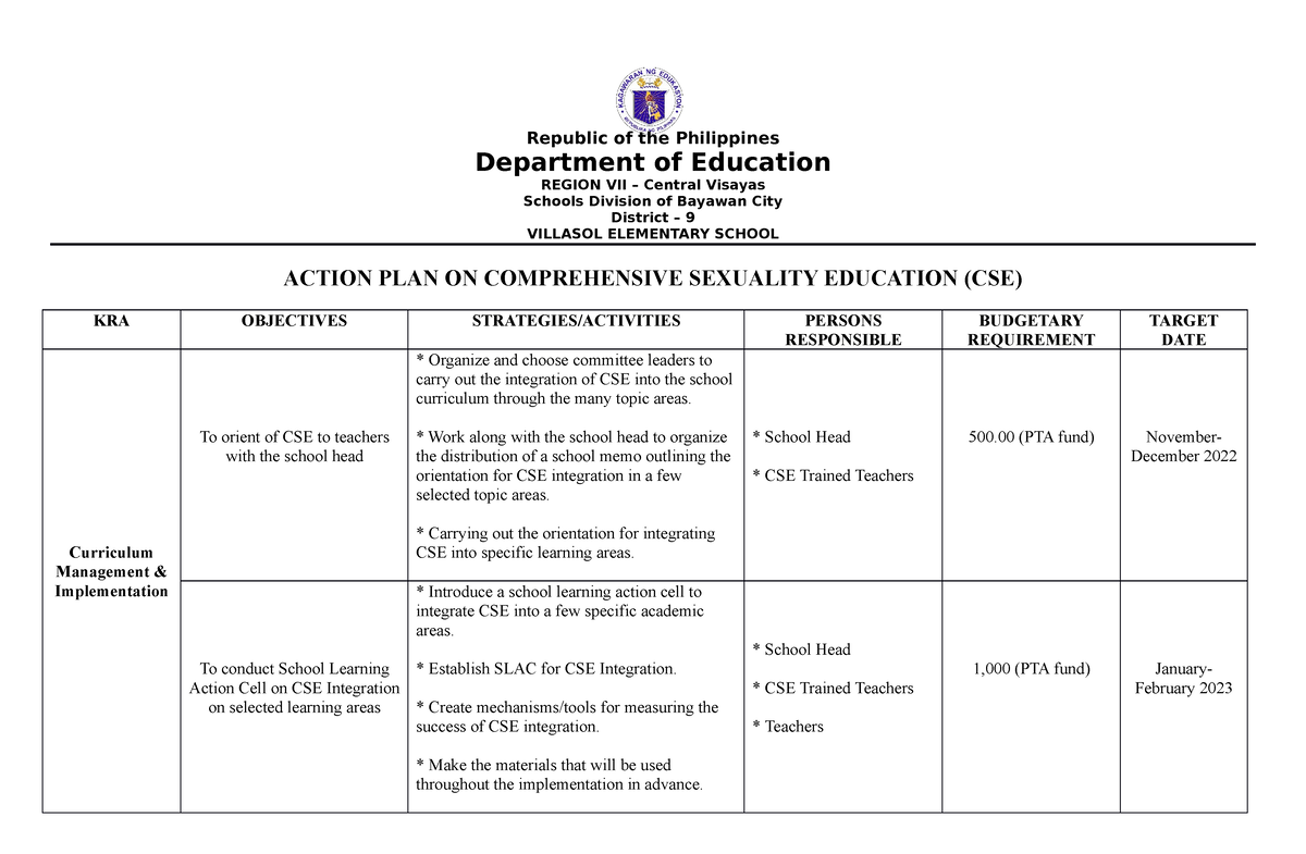 Action Plan Comprehsensive Sexuality Education Ves Republic Of The Philippines Department Of 8810