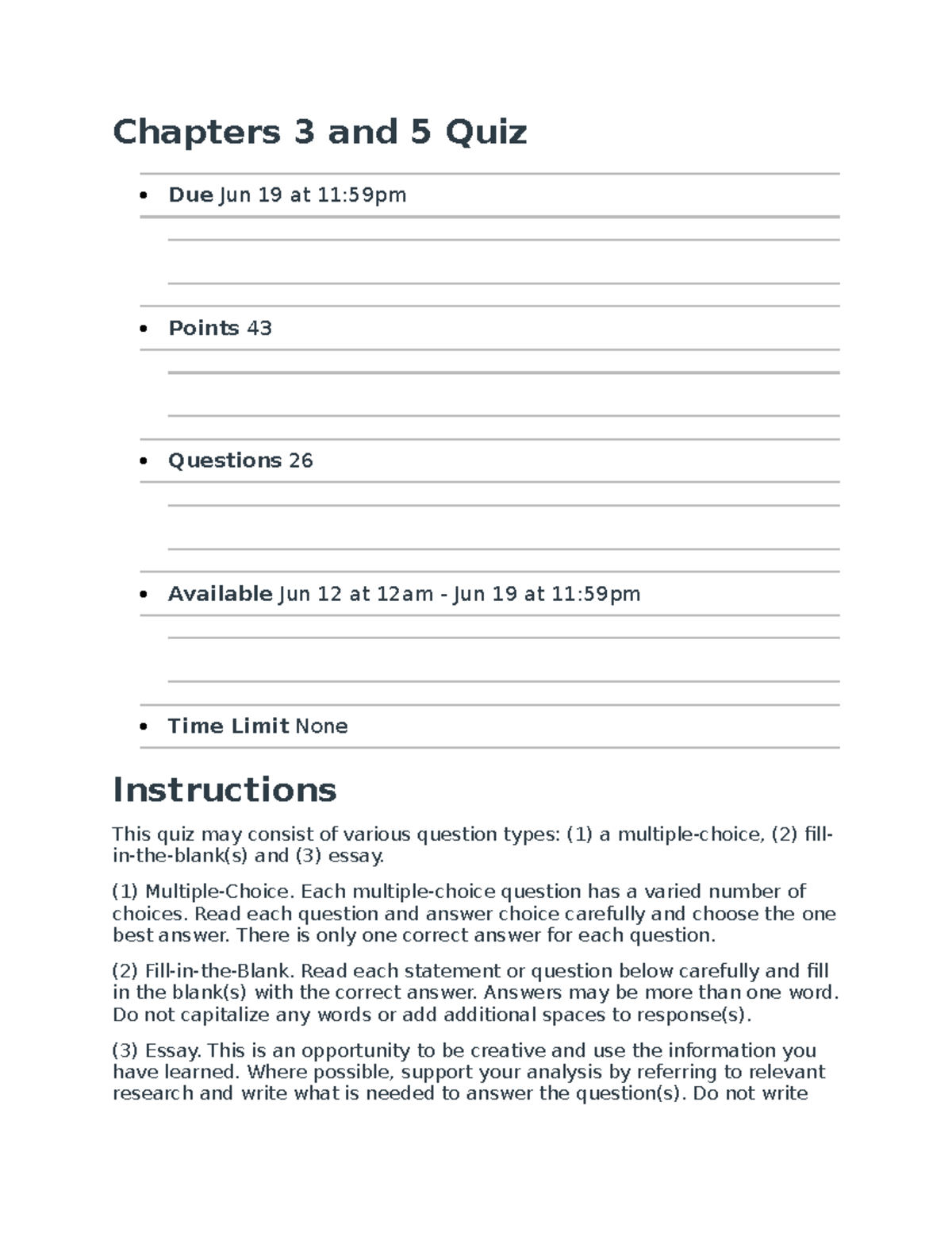 Ch 3 & 5 Quiz - ch 3 and 5 quiz - Chapters 3 and 5 Quiz Due Jun 19 at ...