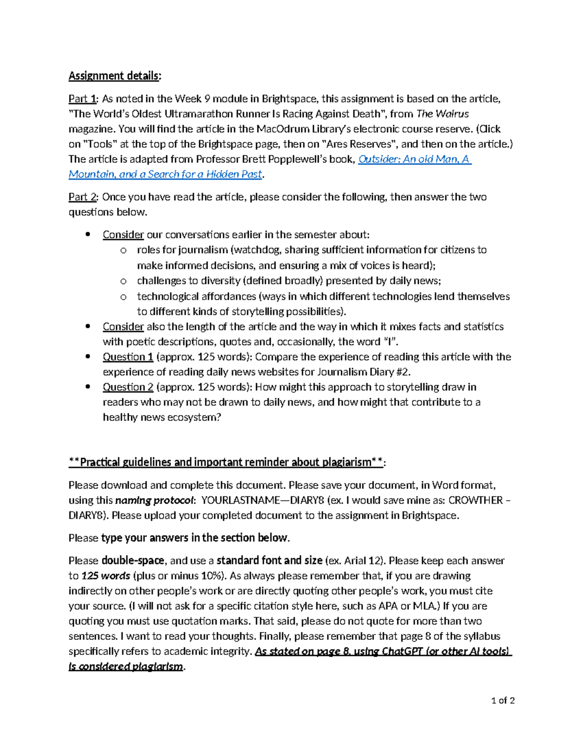 Diary #8 Assignment details and template - Assignment details: Part 1 ...