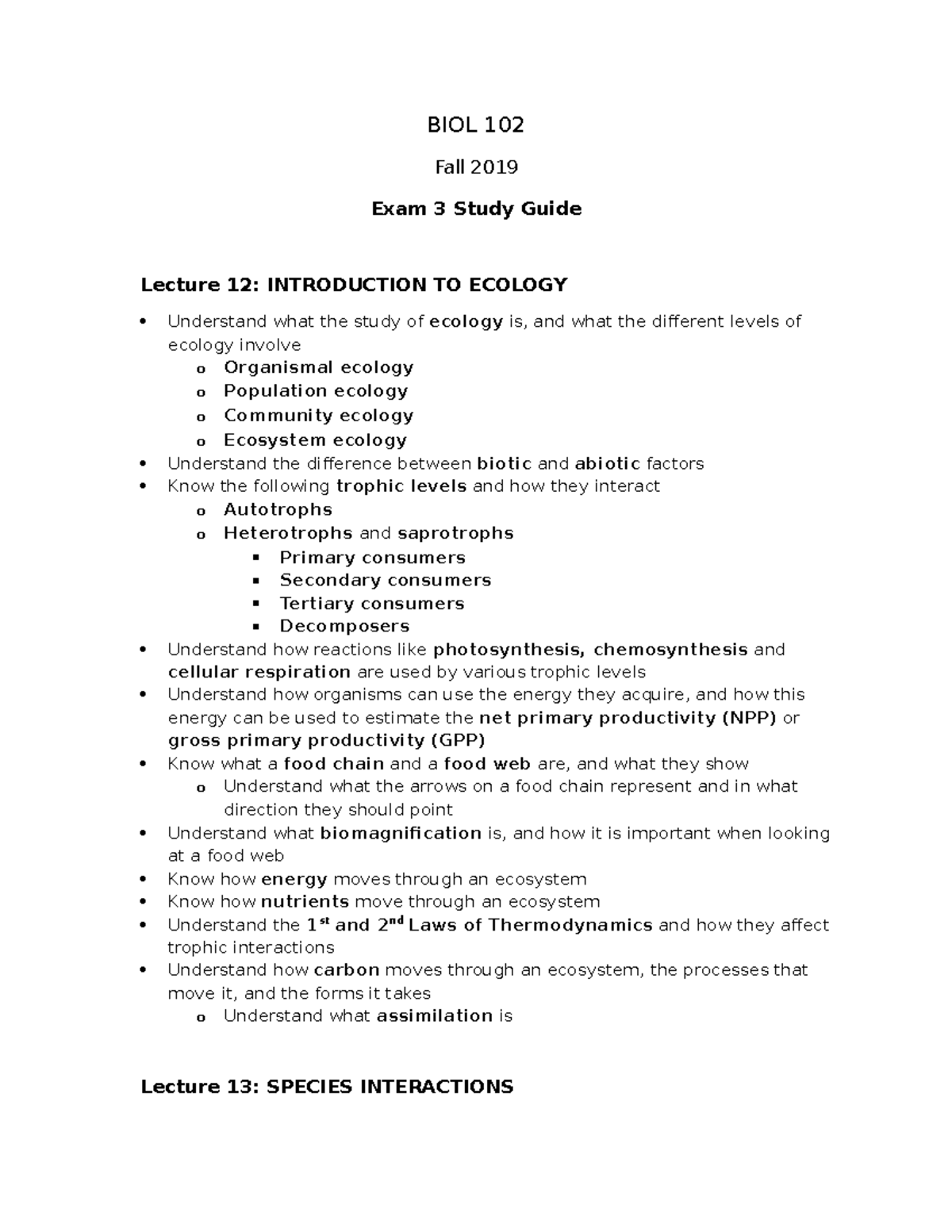 Exam 3 Study Guide - Instructor: Dr. Will Gretes - BIOL 102 Fall 2019 ...