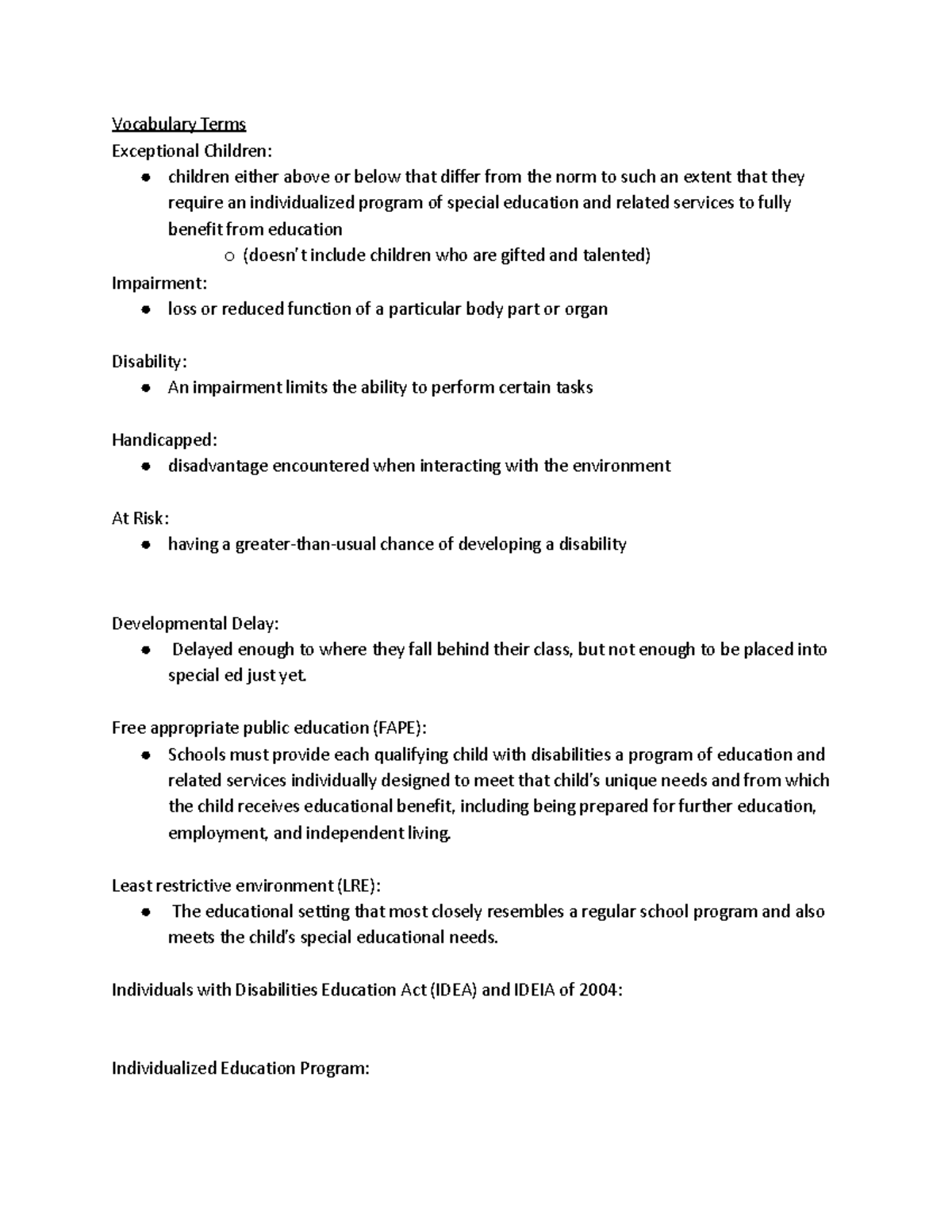 EDCI Chapter 1 Notes - Vocabulary Terms Exceptional Children: children ...