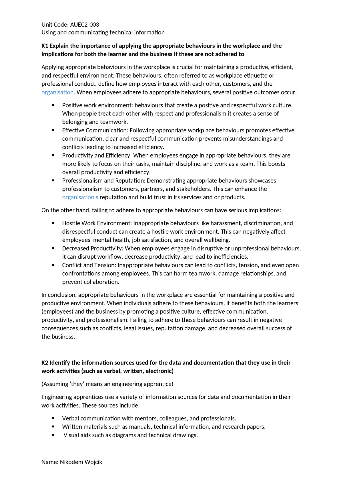 AUEC2-003 Knowledge Questions V2 - Using and communicating technical ...