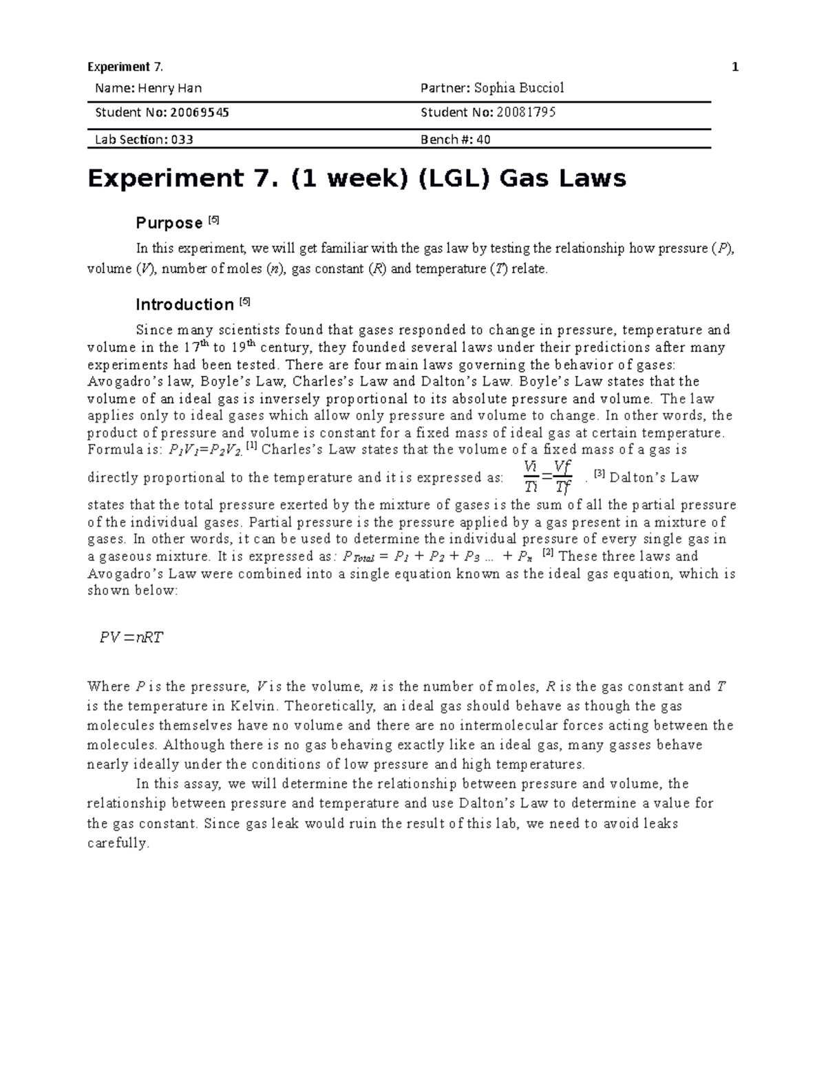 Template Gas Laws - Lab Report - Name: Henry Han Partner: Sophia ...