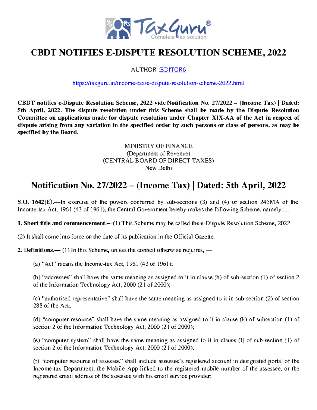CBDT notifies e-Dispute Resolution Scheme, 2022- taxguru - CBDT ...