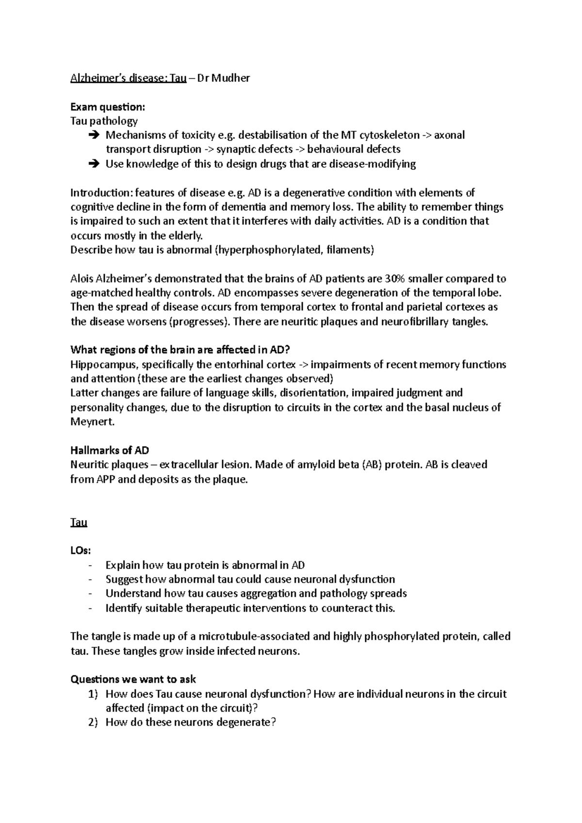 AD - Tau - Neurodegenerative Diseases Lecture notes. - Alzheimer’s ...