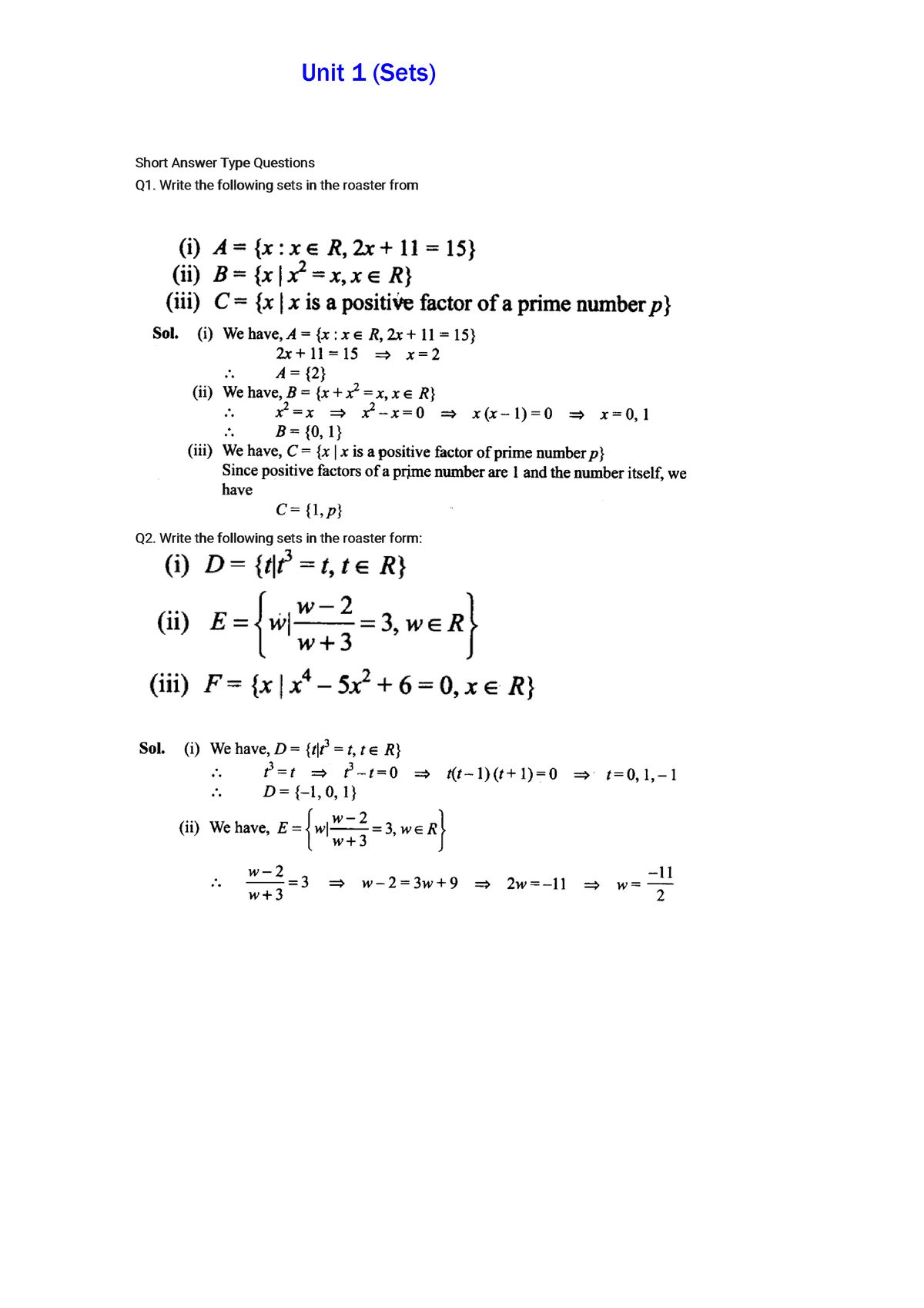 Short Answer Type Questions sets relation and functions - Short Answer ...