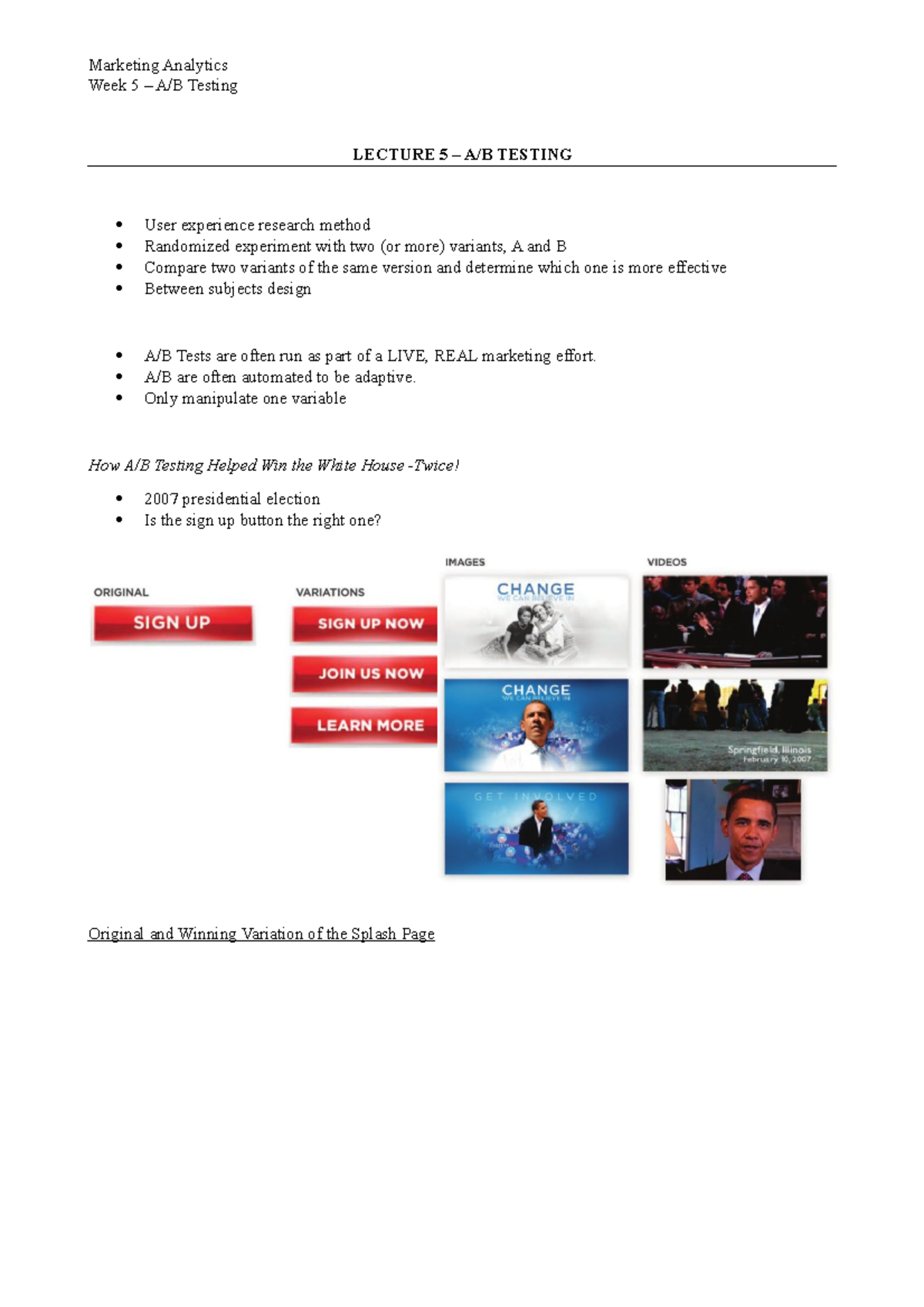 Week 5 - AB Testing - Lecture notes 5 - Week 5 – A/B Testing LECTURE 5 ...
