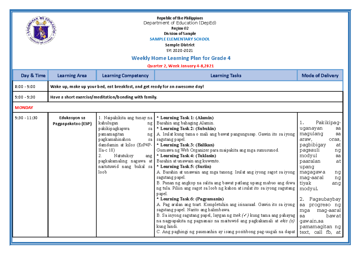 Grade 4 All Subjects Whlp Q2 W1 Weekly Home Learning Plan For Grade 4 Quarter 2 Week January 1722