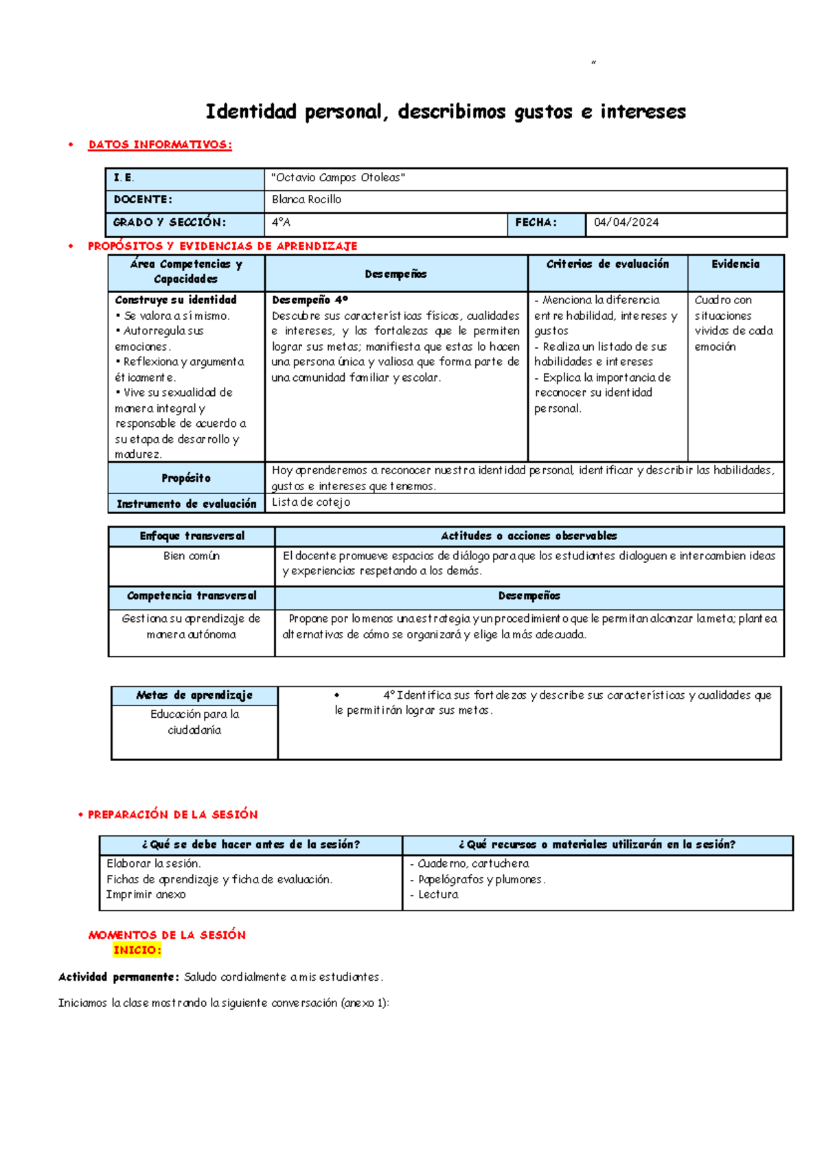 Clase Personal Social - Identidad personal, describimos gustos e ...